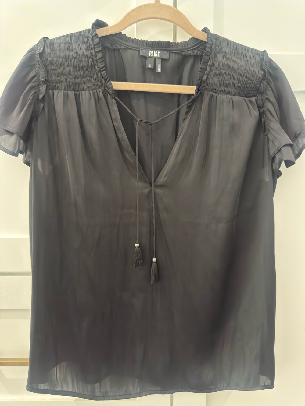 PAIGE Black Sheer Tie-Front Blouse with Tassels